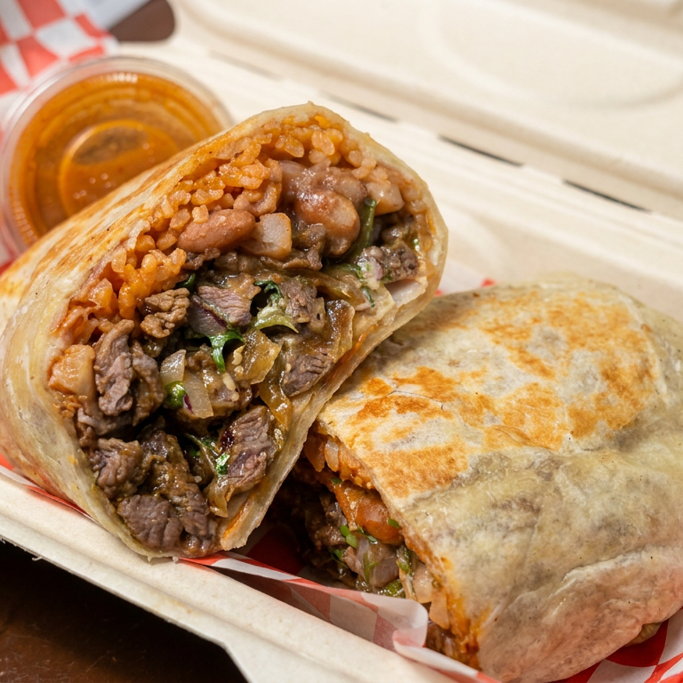 Two grilled steak burritos filled with rice, beans, onions, and peppers sit in a checkered paper-lined tray with dipping sauce.