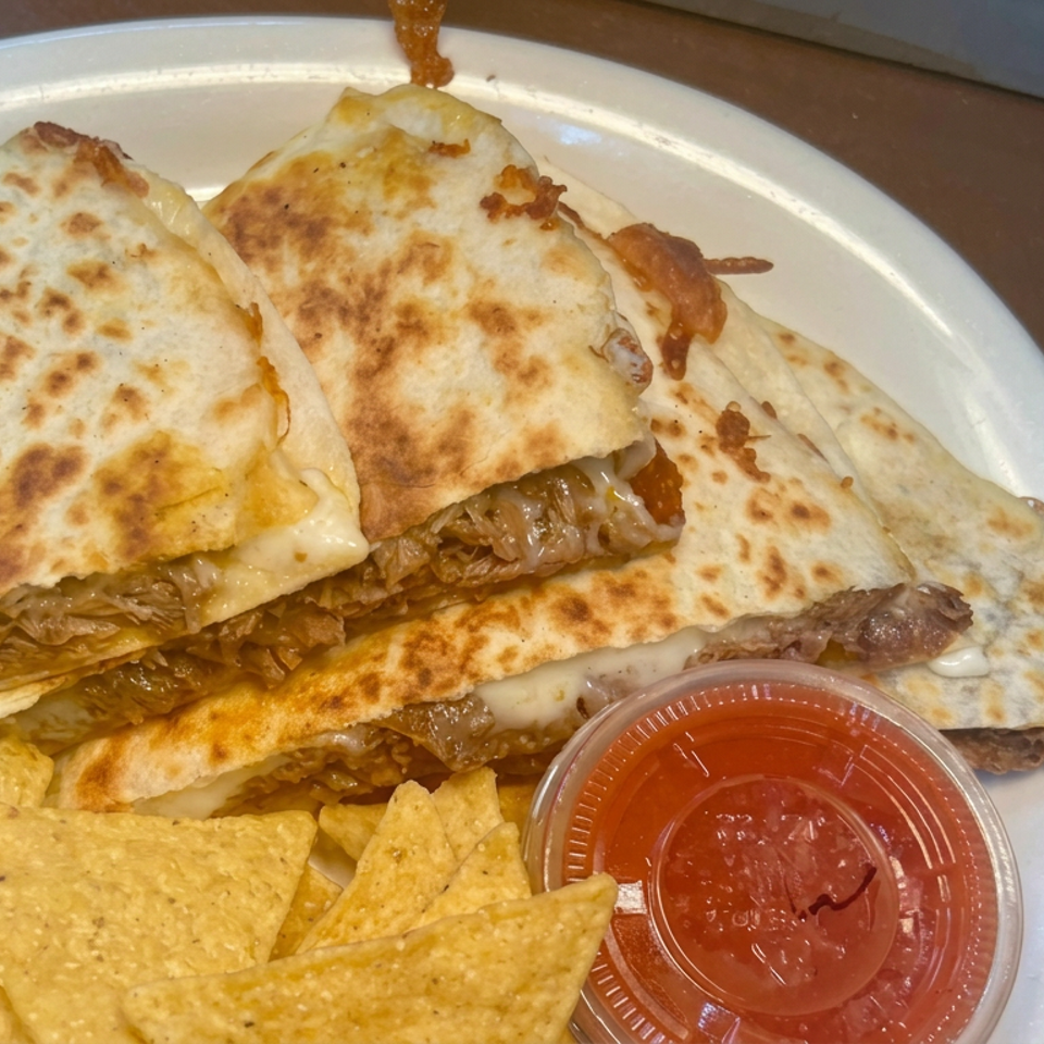 Grilled beef and cheese quesadillas with tortilla chips and red salsa on a white plate.