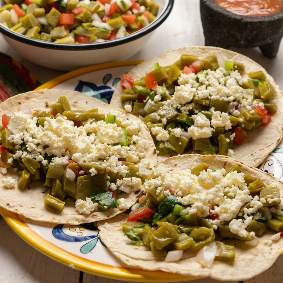 Three corn tortillas topped with grilled cactus, diced vegetables, and crumbled cheese on a colorful plate, with salsa and salad nearby.